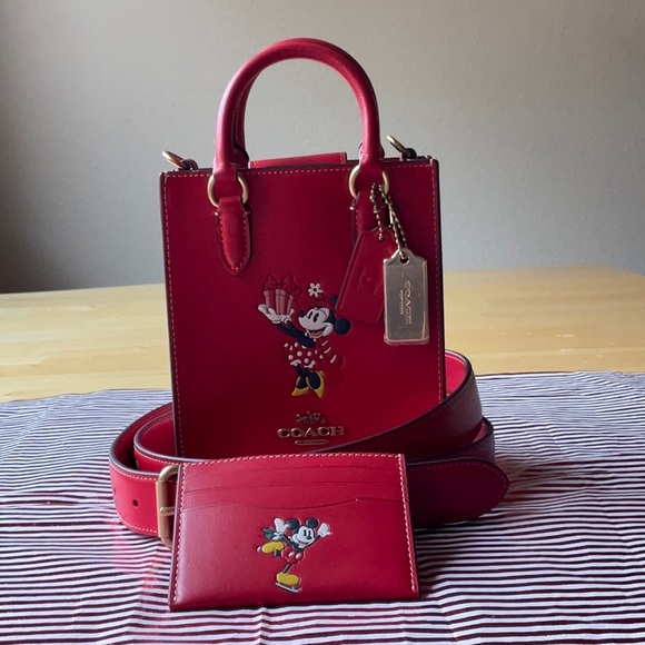 🎁 DISNEY X COACH NORTH SOUTH MINI TOTE WITH MINNIE MOUSE AND CARD CASE 🎁 - Picture 1 of 16